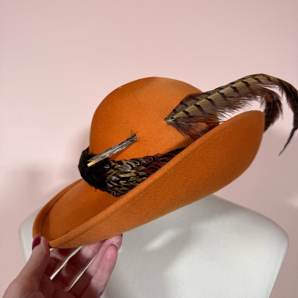 Bollman&Co. Accessories - Vintage 1970's 80's burnt orange Wool quail feather avant garde fedora hat